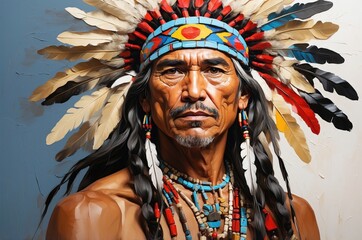 Obraz premium Abstract vintage oil painting portrait of a native american man with headdress decoration, people and culture, tradition, history theme concept. 