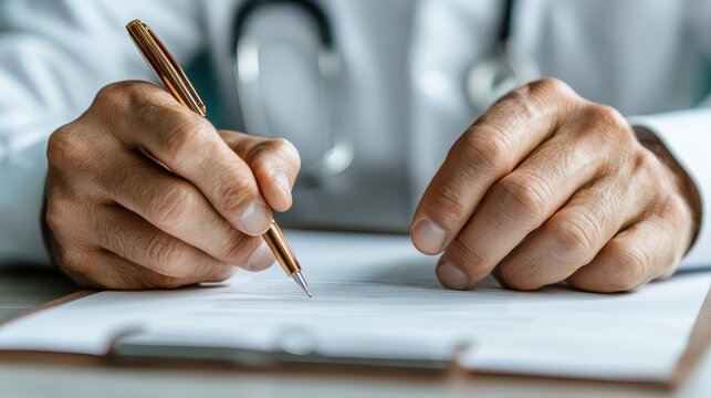 Close-up of a doctor's hands writing on paperwork with a gold pen, capturing an essence of professionalism and meticulous attention to detail in healthcare.