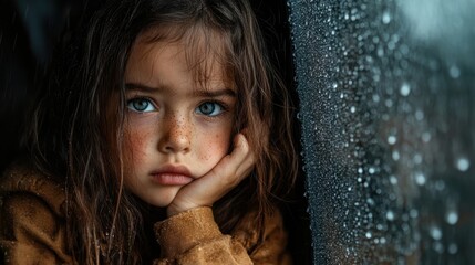 A freckled young girl with piercing blue eyes sits by a rain-soaked window, lost in deep thought, embodying a sense of solitude and introspection.