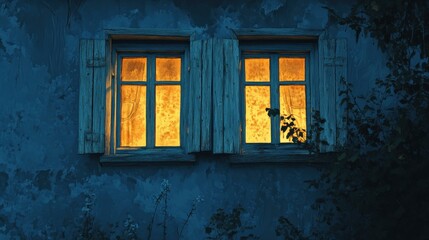 Warm glow from rustic windows reveals cozy atmosphere of an old house on a cold evening