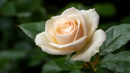 A delicate peach-colored rose in full bloom, with its soft, elegant petals gracefully displayed amid lush greenery, representing beauty and grace in a natural setting.