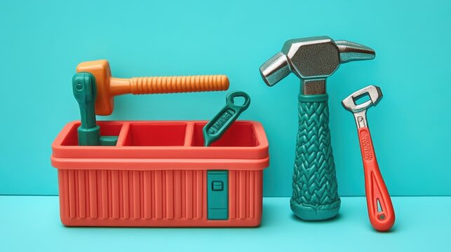 Children’s Toys and Games Toy tool set Plastic hammer screwdriver wrench and toolbox for pretend construction play Isolated solo on plain background