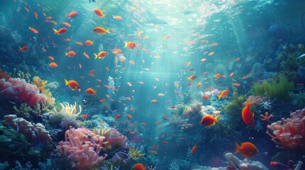 Fototapeta premium Vibrant coral reef teeming with colorful fish and diverse marine life under sunlit water.