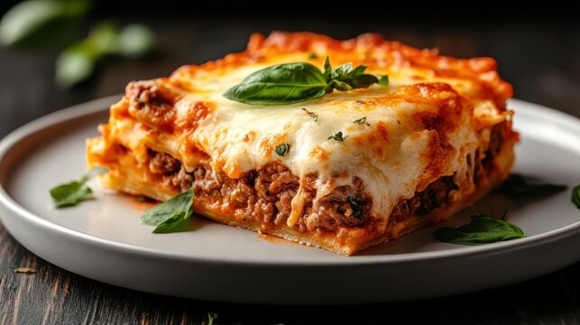 A classic slice of lasagna presenting layers of pasta, hearty meat sauce, rich and creamy cheese, garnished with fresh basil leaves, an Italian tradition.