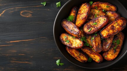 A bowl of beautifully grilled plantains, golden and perfectly cooked, sprinkled with fresh parsley. It evokes a sense of warmth and delicious simplicity.