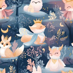 Delightful woodland creatures adorned with crowns and accessories playfully interact against a magical dusk backdrop with trees and stars. Generative AI