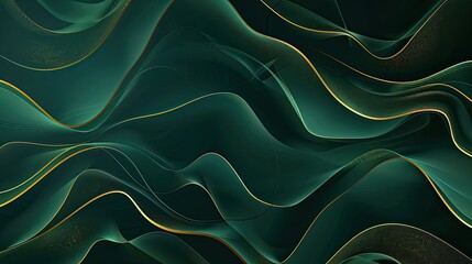 Obraz premium Abstract waves in deep green hues with golden accents, creating a fluid and dynamic visual.