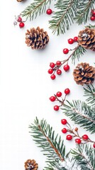 Snowy fir branches and berries christmas border flat lay