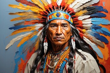 Obraz premium Abstract vintage oil painting portrait of a native american man with headdress decoration, people and culture, tradition, history theme concept. 