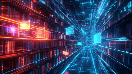 Fototapeta premium A glowing library icon with book data streams, symbolizing online library systems, digital book access, and smart reading tools. 