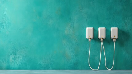 Three cable sockets perpendicularly aligned against a textured teal wall, showcasing symmetry and design, creating a sense of utility and organization in a modern context.
