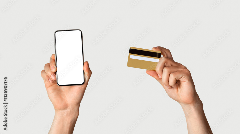 Poster online shopping concept. unrecognizable man holdng credit card and smartphone with empty screen on w