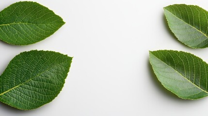Naklejka premium Four lush green leaves symmetrically positioned against a neutral background, offering a sense of balance and unity through their natural allure and aesthetic layout.