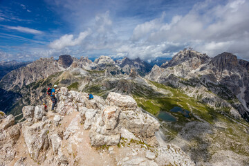 Dolomites sunny weather in summer mountains. Green valley and beautiful mountain rocky peaks in the Alps. Alpine scenic landscape in South Tyrol region in Italy