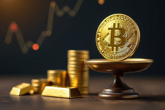 gold bitcoin balance scales gold bars nearby symbols background slowly rising