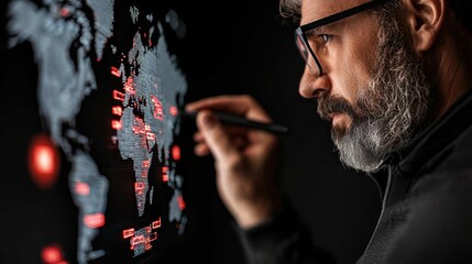 Man analyzing digital world map with red data points on a screen. Cybersecurity and global data analysis concept.