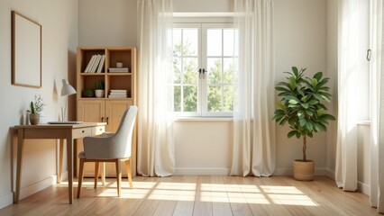 Fototapeta premium Airy and Inviting Home Office Design with Natural Light, Desk, and Potted Plant
