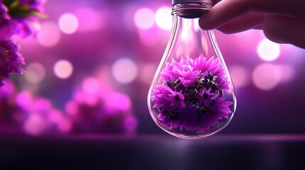 Fototapeta premium Hand holding light bulb filled with purple flowers and metallic components against pink bokeh background.