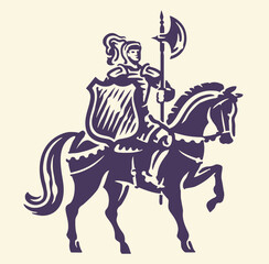 Armed knight in armor on horseback. Hand drawn medieval royal warrior, vector illustration