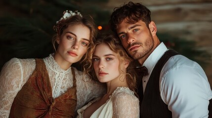 Obraz premium Three individuals in vintage attire pose together, exuding elegance and timeless charm against a rustic backdrop with soft lighting enhancing their expressions.