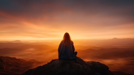 A solitary woman sits on a mountaintop at sunrise, reflecting on life and embracing the beauty of nature, showcasing serene colors and tranquil scenery.