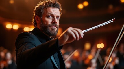 A talented conductor is dynamically leading an orchestra, capturing the essence of musical energy and passion with a focus on movement and intensity.
