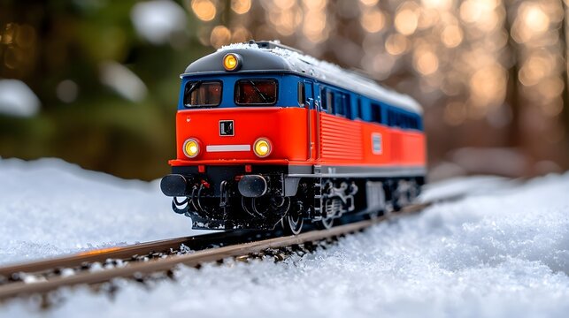 Model Train in Winter Landscape with Snow and Sunset Background