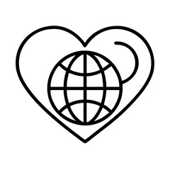 heart with globe icon, nonprofit day line art, nonprofit day icon - simple black line art icon of heart with globe, symbolizing nonprofit day celebrations. nonprofit day vector art.