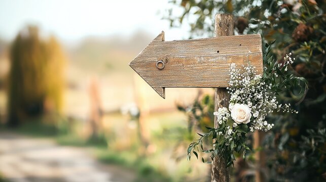Wooden Arrow Sign at Wedding Venue A rustic wooden arrow sign adorned with wedding rings, guiding guests to the ceremony location. Perfect for outdoor or country-style weddings.