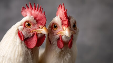 A close-up portrait of two roosters with striking red combs, showcasing their intense gaze and the detailed intricacies of their plumage.