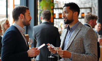 Two men in business attire networking, exchanging cards at a social event.