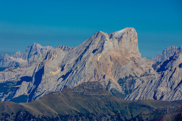 Dolomites sunny weather in summer mountains. Green valley and beautiful mountain rocky peaks in the Alps. Alpine scenic landscape in South Tyrol region in Italy