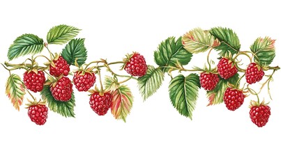 Watercolor painting of raspberries on a branch with leaves