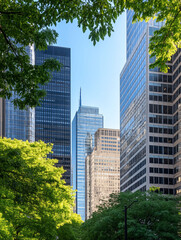 Skyscrapers framed by lush greenery in urban setting.
