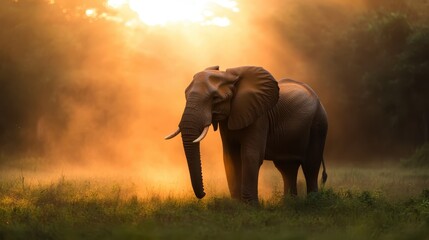 Fototapeta premium A majestic elephant stands in a serene grassland, beautifully silhouetted by the warm hues of a golden sunrise, conveying tranquility and power.