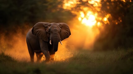 An elephant charges forward with a backdrop of warm, golden sunset hues, showcasing a blend of motion and serene beauty in the natural world.