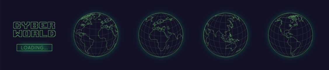 Digital Globe Earth set in cyber style. Wireframe globes with grid. Europe, Asia, Africa, and America. Futuristic neon green design on a dark background. Vector illustration © Denys Holovatiuk