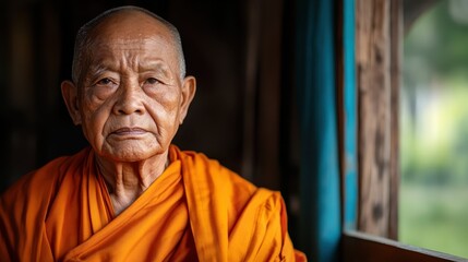 Naklejka premium A contemplative elder monk is depicted in a peaceful, softly lit setting, dressed in traditional orange robes, conveying wisdom and tranquility through serene expression.