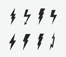 Set of 8 thunderbolts icons. Lightning icons isolated on white background. Vector illustration