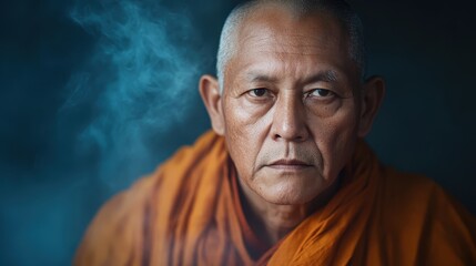 Fototapeta premium A middle-aged monk is captured in a meditative pose enveloped by a soft blue smoke, wearing traditional garb, and emanating calm, wisdom, and spiritual depth.