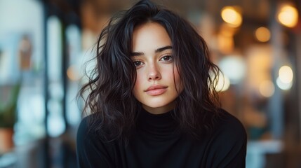 Obraz premium A woman with short messy dark hair looks thoughtfully at the camera in a dimly lit cafe. The scene captures a mysterious and introspective atmosphere.