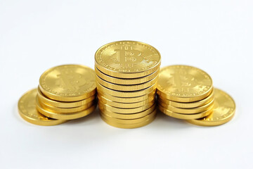 neatly stacked golden coins bitcoin sit white background perfect