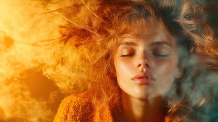 A vibrant woman stands enveloped in swirling fire and smoke, eyes closed, symbolizing fiery passion, inner strength, and a powerful, dynamic presence.