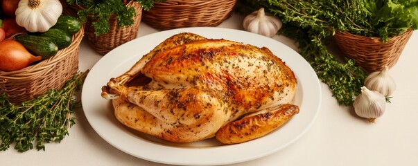 Food Preparation: Cozy Kitchen Scene with Homemade Herb Butter Roasted Turkey on a Plate