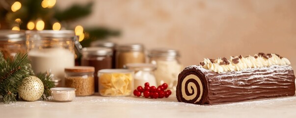 Cozy Holiday Kitchen Scene with Homemade Chocolate Yule Log Cake As Festive Dessert