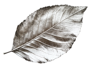 A silver leaf, isolated on a transparent background, perfect for nature, elegance, or decorative-themed designs.