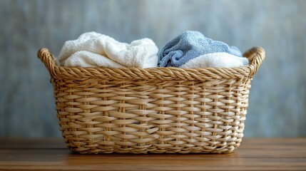 Wicker laundry basket with soft cotton towels in white and gray colors, home organization, bathroom or bedroom decor, natural wood table, textured neutral background, cozy and clean atmosphere