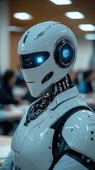 Humanoid ai robot instructor in minimalist classroom setting