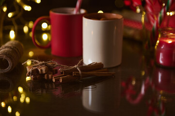 Warm holiday drinks with decorations