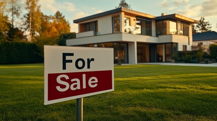 Modern house for sale sign on green lawn.